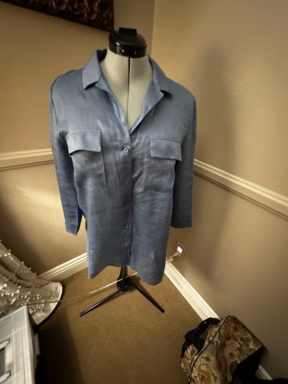 Lafayette 148 Semi-Sheer Elegant Blue Blouse Size Large